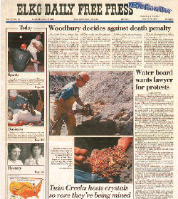 Local newspaper from July 1999 featuring orpiment discovery in Twin Creeks mine.