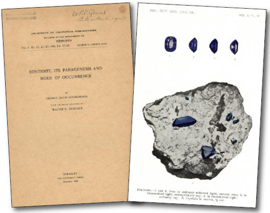 Cover and color-plate from principal work about benitoites “Benitoite, its paragenesis and mode of occurrence” by G. Louderback, 1909. Courtesy of J. Veevaert.