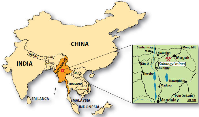 Map of part of Asia showing Myanmar; the insert shows the location of the Mogok and the Sakangyi mines.