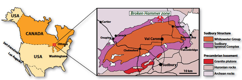 Map of North America outlining the Sudbury region. Map insert shows simplified geology of the Sudbury Structure, the most importanttowns and roads in the area and the location of the Broken Hammer zone (simplified after Péntek et. al. 2008).