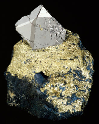 Sperrylite crystal in chalcopyrite from the Broken Hammer zone, Sudbury, Canada. Specimen 3.3 cm high. M. Bainbridge photo.