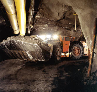 LHD mine vehicle underground in the Malmberget mine corridors. LKAB photo.