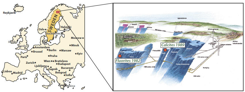 Map of Europe outlining the region around the Malmberget mine. Insert of modified cross-section shows mine location, main orebodies and sites of fluorite and calcite finds described in the text. Drawing by LKAB.